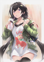 Rule 34 | 1girl, animal print, backpack, bag, black hair, black thighhighs, cat hair ornament, cat print, clothes writing, commentary request, cup, disposable cup, dress, drinking straw, green jacket, hair between eyes, hair ornament, hair ribbon, hairclip, holding, holding cup, hood, hood down, hooded jacket, jacket, karyl (princess connect!), karyl (real) (princess connect!), long hair, long sleeves, low twintails, multicolored hair, open clothes, open jacket, parfaitlate, parted lips, princess connect!, print dress, purple eyes, red ribbon, ribbon, sleeveless, sleeveless dress, sleeves past wrists, solo, star (symbol), streaked hair, thighhighs, twintails, very long hair, white dress, white hair