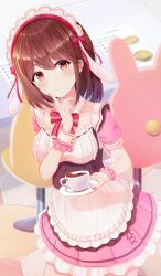 Rule 34 | 1girl, absurdres, brown eyes, brown hair, coffee cup, cup, disposable cup, hair between eyes, hair ornament, highres, hikkyou, looking at viewer, maid, masquerade channel, momoka mocha, smile, solo, virtual youtuber