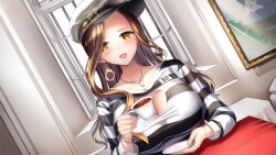 Rule 34 | 1girl, blush, breasts, brown hair, cleavage, cup, dutch angle, earrings, female focus, game cg, hat, highres, holding, holding cup, indoors, jewelry, large breasts, long hair, looking at viewer, necklace, open mouth, original, prison clothes, sitting, smile, solo, teacup, upper body, window, women&#039;s prison, yellow eyes