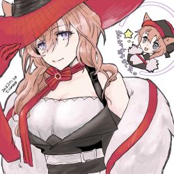 Rule 34 | 1girl, arknights, bare shoulders, black dress, blue eyes, breasts, chibi, choker, commentary request, dress, feather boa, heidi (arknights), highres, large breasts, long hair, looking at viewer, multiple views, pink hair, red choker, red headwear, simple background, smile, star (symbol), strapless, touno (akarino), tube top, upper body, white background