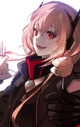 Rule 34 | 1girl, :d, black gloves, black jacket, black shirt, blonde hair, burning, cake, candle, cizzi, commentary, fire, food, girls&#039; frontline, gloves, hair between eyes, headphones, highres, holding, jacket, long sleeves, looking at viewer, m4 sopmod ii (girls&#039; frontline), multicolored hair, open clothes, open jacket, open mouth, red eyes, red hair, shirt, sidelocks, simple background, smile, solo, streaked hair, upper body, white background