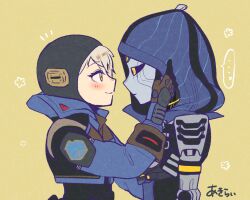 Rule 34 | ..., 2girls, akirai (akry555), android, animification, apex legends, artist name, ash (titanfall 2), black jacket, blue jacket, blue leotard, blush, brown eyes, brown gloves, deep current wattson, eye contact, from side, gloves, grey hair, hand on another&#039;s cheek, hand on another&#039;s face, hood, hood up, hooded leotard, interspecies, jacket, leotard, looking at another, metal skin, multicolored clothes, multicolored jacket, multiple girls, official alternate costume, simulacrum (titanfall), smile, spoken ellipsis, wattson (apex legends), yellow background, yuri