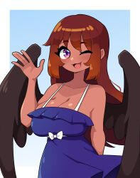 Rule 34 | 1girl, :3, absurdres, arm behind back, black wings, blue background, blue dress, border, bow, breasts, brown hair, cleavage, collarbone, commission, daigada, dark-skinned female, dark skin, dress, feathered wings, frilled dress, frills, gradient background, hair between eyes, highres, long hair, looking at viewer, one eye closed, open mouth, original, purple eyes, sidelocks, solo, waving, white background, white border, white bow, wings