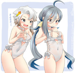 Rule 34 | 2girls, ahoge, akishimo (kancolle), anchor ornament, asymmetrical hair, breast conscious, breasts, brown hair, casual one-piece swimsuit, choker, commentary request, cosplay, covered navel, cowboy shot, criss-cross halter, flat chest, flower, frilled one-piece swimsuit, frilled swimsuit, frills, gradient hair, grey eyes, grey hair, hair between eyes, hair bun, hair flower, hair ornament, hairband, halterneck, hands on own chest, highleg, highleg swimsuit, kantai collection, kiyoshimo (kancolle), leaf hair ornament, leaning forward, low twintails, multicolored hair, multiple girls, one-hour drawing challenge, one-piece swimsuit, open mouth, ray.s, sagiri (kancolle), sagiri (kancolle) (cosplay), short hair, short hair with long locks, side-tie swimsuit, single hair bun, small breasts, standing, swimsuit, twintails, white choker, white hair, white one-piece swimsuit