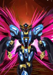 absurdres blue_eyes blue_visor character_request energy energy_wings extreme_gundam_mark_ii_axe glowing gundam gundam_exa gundam_exa_vs gundam_extreme_vs. highres looking_at_viewer mecha mobile_suit no_humans open_hands robot science_fiction solo sr-sao v-fin