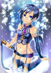 Rule 34 | 1girl, ahoge, asymmetrical hair, blue hair, boots, breasts, bridal gauntlets, earrings, fishnets, glasses, jewelry, kneeling, magic circle, matsurika youko, navel, necktie, original, short hair, shorts, small breasts, smile, solo, striped clothes, striped thighhighs, sword, tattoo, thighhighs, weapon, wings