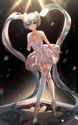 Rule 34 | 1girl, absurdly long hair, absurdres, aqua eyes, aqua hair, backlighting, bad id, bad pixiv id, ballet slippers, bare shoulders, black background, collar, commentary, dress, floral print, full body, gold bowtie, gold trim, hair ornament, hand on own chest, hatsune miku, highres, huge filesize, inu8neko, lens flare, long hair, miku symphony (vocaloid), rainbow, see-through, see-through dress, single thighhigh, sleeveless, sleeveless dress, solo, spotlight, standing, strapless, strapless dress, thigh strap, thighhighs, tiptoes, tutu, twintails, very long hair, vocaloid, white dress, white thighhighs, wine (2148 wine)