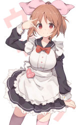Rule 34 | 1girl, abe nana, apron, arm up, black dress, bow, bowtie, breasts, buttons, closed mouth, cowboy shot, dress, frilled apron, frilled skirt, frills, hair bow, heart, highres, idolmaster, idolmaster cinderella girls, kappougi, long sleeves, looking at viewer, medium breasts, orange hair, pink bow, pink thighhighs, red bow, red bowtie, red eyes, shone, skirt, smile, solo, standing, thighhighs, uniform, v, v-shaped eyebrows, v over eye, waist apron, waitress, white apron, white background, zettai ryouiki
