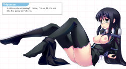 Rule 34 | 1girl, analogue: a hate story, arms behind back, bdsm, black hair, black thighhighs, blush, bondage, boots, bound, breasts, breasts out, colorized, crest, english text, glasses, green eyes, highres, hyun-ae, knee boots, lineart, long hair, maullarmaullar, nipples, no panties, rope, semi-rimless eyewear, shibari, shoes, single shoe, skirt, skirt around one leg, thighhighs, under-rim eyewear