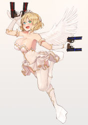 Rule 34 | 10s, 1girl, absurdres, ameyame, angel wings, bad id, bad pixiv id, bare shoulders, blonde hair, boots, breasts, cleavage, collarbone, dress, dual wielding, elbow gloves, fang, female focus, front-seamed legwear, gloves, green eyes, gun, hair ornament, handgun, heterochromia, highres, holding, large breasts, looking at viewer, open mouth, platform footwear, ryouna (senran kagura), seamed legwear, senran kagura, senran kagura shinovi versus, solo, strapless, thigh boots, thighhighs, weapon, white dress, white gloves, white thighhighs, wings, zettai ryouiki