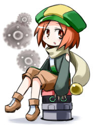 Rule 34 | 1girl, :o, androgynous, ankle boots, bare shoulders, battle spirits, battle spirits: brave, blush, boots, cabbie hat, child, fingerless gloves, flat chest, from side, full body, gears, gloves, hat, kugelschreiber, long sleeves, looking at viewer, looking back, open mouth, orange eyes, orange hair, plym machina, puffy shorts, scarf, shadow, short hair, shorts, sitting, solo, tomboy, white background
