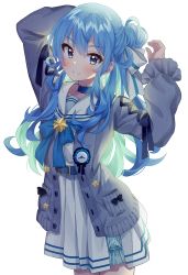 Rule 34 | 1girl, arms up, blue bow, blue eyes, blue hair, blush, bow, cardigan, chobi (penguin paradise), closed mouth, commentary request, grey cardigan, hair between eyes, hair bow, hair bun, highres, hololive, hoshimachi suisei, hoshimachi suisei (school uniform), long sleeves, multicolored hair, open cardigan, open clothes, pleated skirt, puffy long sleeves, puffy sleeves, sailor collar, school uniform, serafuku, shirt, simple background, single hair bun, skirt, smile, solo, star (symbol), star in eye, striped, striped bow, symbol in eye, two-tone hair, virtual youtuber, white background, white bow, white sailor collar, white serafuku, white shirt, white skirt