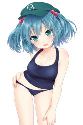 Rule 34 | 1girl, alternate costume, aqua eyes, bad id, bad pixiv id, blue hair, blush, breasts, cleavage, collarbone, etou (cherry7), female focus, hair bobbles, hair ornament, hat, highres, kawashiro nitori, medium breasts, navel, one-piece swimsuit, open mouth, school swimsuit, school swimsuit flap, short hair, solo, swimsuit, touhou, twintails, two side up, white background