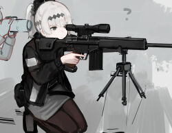 1girl 1other black_eyes black_jacket commentary english_commentary finger_on_trigger girls&#039;_frontline grey_skirt gun h&amp;k_psg1 highres holding holding_gun holding_weapon jacket kneeling ponytail psg-1_(girls&#039;_frontline) rampart1028 rifle scope skirt sniper_rifle tripod weapon white_hair