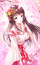 Rule 34 | 1girl, bad id, bad pixiv id, bang dream!, bell, blurry, blurry background, blush, branch, breasts, brown hair, cherry blossoms, closed mouth, commentary request, depth of field, flower, hair flower, hair ornament, hakama, hakama skirt, hand up, japanese clothes, jingle bell, kimono, long hair, long sleeves, looking at viewer, lunacle, medium breasts, petals, pink flower, purple eyes, red flower, red hakama, rose, shirokane rinko, skirt, smile, solo, very long hair, white kimono, wide sleeves, yellow flower, yellow rose