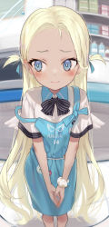Rule 34 | 1girl, absurdres, black bow, black bowtie, blonde hair, blue archive, blue dress, blue eyes, blue ribbon, blush, bow, bowtie, closed mouth, commentary, dress, feet out of frame, hair ribbon, highres, indoors, long hair, looking away, md5 mismatch, own hands together, pinafore dress, revision, ribbon, scrunchie, shirt, short sleeves, sleeveless, sleeveless dress, solo, sora (blue archive), standing, striped bow, striped bowtie, striped clothes, sweatdrop, torriet, two side up, v arms, very long hair, white shirt, wrist scrunchie