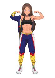 Rule 34 | 1girl, abs, all might, all might (cosplay), boku no hero academia, brown hair, carlo montie, commission, cosplay, facing viewer, flat chest, flexing, jacket, jacket on shoulders, long hair, muscular, muscular female, navel, original, pink eyes, smile, sports bra, sportswear, tan