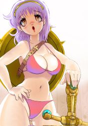 Rule 34 | 1girl, athena (series), bikini, blush, breasts, brown eyes, cleavage, hand on own hip, highres, large breasts, legs, lipstick, long hair, makeup, navel, open mouth, princess athena, purple hair, red bikini, shield, snk, solo, source request, swimsuit, sword, thick thighs, thighs, weapon