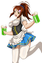 Rule 34 | 00s, 1girl, bachou mouki, breasts, brown eyes, brown hair, dirndl, earrings, german clothes, hair ornament, hair scrunchie, high ponytail, holding, ikkitousen, jewelry, long hair, maid, open mouth, ponytail, scrunchie, simple background, skirt, smile, solo, thighhighs, white background, white thighhighs