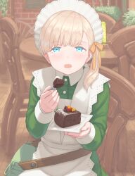 Rule 34 | 1girl, alternate costume, apron, bag, blonde hair, blue eyes, blush, cake, cake slice, enmaided, food, fork, hayashi naoharu, highres, holding, holding fork, kantai collection, long hair, long sleeves, looking at viewer, maid, maid apron, maid headdress, open mouth, shin&#039;you (kancolle), shoulder bag, side ponytail, smile, solo, white apron