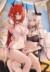 Rule 34 | 2girls, arknights, arm around neck, arm around waist, bare shoulders, bikini, black bikini, black nails, breasts, cherry, cleavage, detached sleeves, flower, food, food in mouth, frills, fruit, hair flower, hair ornament, halterneck, hand on another&#039;s neck, hand on another&#039;s thigh, hand on another&#039;s waist, highres, horns, jewelry, large breasts, long hair, long sleeves, looking at viewer, material growth, mouth hold, mudrock (arknights), mudrock (silent night) (arknights), multiple girls, nail polish, navel, necklace, official alternate costume, oripathy lesion (arknights), parted lips, pointy ears, purple eyes, red eyes, red hair, ru zhai, side-tie bikini bottom, sidelocks, sitting, sitting on lap, sitting on person, slit pupils, smile, surtr (arknights), surtr (colorful wonderland) (arknights), swimsuit, thigh strap, thighs, very long hair, wet, white hair