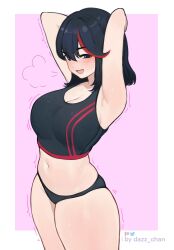 Rule 34 | 1girl, armpits, arms behind head, arms up, black hair, black panties, blue eyes, breasts, dazz chan, highres, kill la kill, large breasts, looking at viewer, matoi ryuuko, multicolored hair, navel, open mouth, panties, red hair, short hair, solo, sweat, thick thighs, thighs, underwear