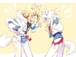 Rule 34 | 2boys, animal ears, azuma yukihiko, blonde hair, blue eyes, cape, cat boy, cat ears, cat tail, claw pose, fang, fur-trimmed cape, fur trim, genius sage, highres, jacket, long sleeves, looking at another, male focus, medium hair, mithos yggdrasill, multiple boys, pants, tail, tail ornament, tales of (series), tales of symphonia, white hair, white jacket, white pants, yaoi, yellow background