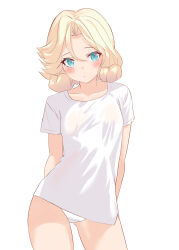 Rule 34 | 1girl, arms behind back, blonde hair, blue eyes, commentary request, contrapposto, cowboy shot, crotch seam, forehead, highres, janus (kancolle), kantai collection, looking at viewer, panties, parted bangs, sakurai nana (moshichi), shirt, short hair, short sleeves, simple background, solo, t-shirt, underwear, white background, white panties, white shirt