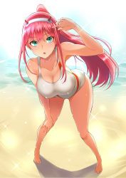 Rule 34 | 10s, 1girl, :p, aqua eyes, barefoot, beach, blush, breasts, cleavage, darling in the franxx, day, covered erect nipples, full body, hairband, highres, horns, large breasts, leaning forward, long hair, looking at viewer, nekoi hikaru, open mouth, pink hair, pme, solo, standing, swimsuit, teeth, tongue, tongue out, very long hair, wet, zero two (darling in the franxx)