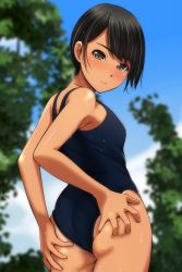 Rule 34 | 1girl, absurdres, ass, ass grab, asymmetrical hair, blue one-piece swimsuit, blue sky, blurry, blurry background, blush, bob cut, brown eyes, commentary request, depth of field, highres, looking away, looking back, matsunaga kouyou, one-piece swimsuit, open mouth, original, parted lips, short hair, sky, smile, solo, standing, swimsuit, tan, tree, wet, wet clothes, wet hair, wet swimsuit
