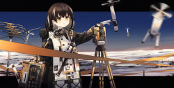 Rule 34 | 1girl, arknights, arm up, backpack, bag, bird mask, black coat, black hair, blue sky, character doll, chinese commentary, coat, commentary, cowboy shot, cuicuijiao, drone, earrings, gloves, highres, holding, horizon, jewelry, letterboxed, long sleeves, magallan (arknights), mask, medium hair, multicolored coat, multicolored hair, orange hair, outside border, parted lips, single glove, sky, snow, solo, streaked hair, the emperor (arknights), tripod, tundra, two-tone coat, white coat, white gloves, white hair, winter clothes