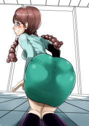 Rule 34 | 1girl, ass, back, bent over, blush, braid, breasts, brown hair, chibi maruko-chan, from behind, glasses, honami tamae, huge ass, kneeling, long hair, looking back, pantylines, perspective, pov, simple background, skin tight, skindentation, skirt, solo, sweat, taut clothes, the golden smurf, thighhighs, twin braids, twintails, wide hips