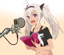 1girl akitetsu book commentary_request crop_top dark-skinned_female dark_skin fangs flat_chest gradient_background grey_hair holding holding_book long_hair matsukai_mao matsukai_mao_(1st_costume) microphone navel nijisanji open_mouth purple_eyes smile solo twintails upper_body virtual_youtuber