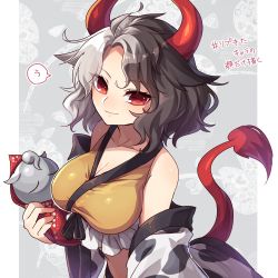 Rule 34 | 1girl, animal print, bare shoulders, black eyes, breasts, cleavage, collarbone, commentary request, cow horns, cow print, cow tail, crop top, frills, grey background, hair flaps, haori, highres, holding, horns, japanese clothes, kozakura (dictionary), large breasts, looking at viewer, multicolored hair, off shoulder, short hair, silver hair, smile, solo, speech bubble, split-color hair, tail, touhou, translation request, two-tone hair, upper body, ushizaki urumi