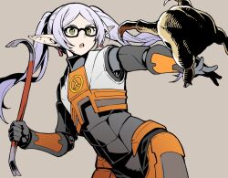 Rule 34 | 1girl, armor, commentary request, cowboy shot, crossover, crowbar, earrings, elf, frieren, glasses, gordon freeman, green eyes, grey background, grey hair, hagure keg, half-life, half-life (series), half-life 2, headcrab, holding, holding crowbar, jewelry, open mouth, pointy ears, simple background, solo, sousou no frieren, teeth, tongue, twintails