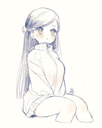 Rule 34 | 1girl, between legs, blush, braid, braided bangs, breasts, brown eyes, closed mouth, half updo, hand between legs, honzuki no gekokujou, invisible chair, jacket, large breasts, long hair, long sleeves, looking away, myne (honzuki no gekokujou), no pants, partially colored, rinndouk, simple background, sitting, solo, straight hair, turtleneck, white background, zipper