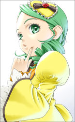 Rule 34 | 00s, 1girl, drill hair, frills, from side, green eyes, green hair, hair ornament, heart, ichikawa masahiro, kanaria, long sleeves, looking at viewer, matching hair/eyes, rozen maiden, simple background, solo, upper body