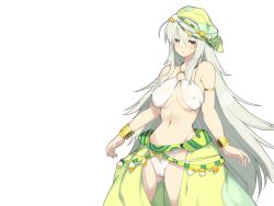 Rule 34 | 1girl, bare shoulders, blush, breasts, cleavage, covered erect nipples, evenicle, female focus, game cg, heterochromia, hood, large breasts, legs, long hair, looking at viewer, navel, panties, serious, simple background, solo, standing, thighs, underwear, white hair, yaegashi nan