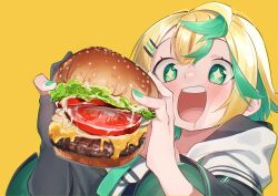 Rule 34 | + +, 1girl, black gloves, blonde hair, blush, burger, cheese, drooling, food, gloves, green eyes, green hair, green nails, hair ornament, hairclip, highres, holding, holding food, jacket, lettuce, mouth drool, multicolored hair, nail polish, open mouth, orange background, original, partially fingerless gloves, sho bu 1116, short hair, simple background, single glove, solo, tomato, tomato slice, upper body
