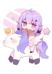 Rule 34 | 1girl, ahoge, azur lane, black footwear, brown sweater, cheli (kso1564), chibi, closed mouth, commentary request, diagonal stripes, hair ornament, highres, long hair, long sleeves, looking at viewer, low twintails, puffy long sleeves, puffy sleeves, purple eyes, purple hair, shoes, signature, sleeves past wrists, socks, solo, star (symbol), striped, stuffed winged unicorn, sweater, twintails, unicorn (azur lane), very long hair, white background, white socks, x hair ornament