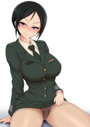 Rule 34 | 1girl, arm support, black hair, blue eyes, blush, breasts, chouno ami, clothes lift, girls und panzer, highres, large breasts, legs, lifting own clothes, looking at viewer, mature female, military, naughty face, necktie, panties, panties under pantyhose, pantyhose, ponponmaru, short hair, sitting, skirt, skirt lift, smile, solo, sweat, thick thighs, thighs, underwear