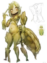 Rule 34 | 1girl, absurdres, blush, breasts, colored skin, extra legs, female focus, green hair, green skin, highres, arthropod girl, monster girl, my700, navel, nipples, nude, original, pointy ears, pussy, simple background, small breasts, solo, white background