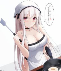 Rule 34 | 1girl, apron, bare shoulders, black choker, blush, breasts, choker, cleavage, clothes writing, collarbone, cooking, cowboy shot, cross, egg (food), english text, food, fried egg, frying pan, girls&#039; frontline, hand on own hip, head scarf, heart, highres, holding, iron cross, kar98k (girls&#039; frontline), keenh, large breasts, long hair, looking at viewer, naked apron, parted lips, red eyes, silver hair, smile, solo, spatula, speech bubble, steam, straight hair, translation request, very long hair, white apron