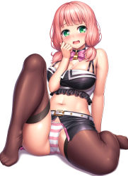 Rule 34 | 1girl, bang dream!, bare shoulders, belt, blunt bangs, blush, bow, breasts, brown thighhighs, cameltoe, cleavage, collar, commentary request, feet, green eyes, lambda (kusowarota), large breasts, lock, looking at viewer, low twintails, medium hair, midriff, navel, open mouth, panties, pink bow, pink hair, simple background, sitting, skirt, solo, striped clothes, striped panties, thighhighs, twintails, uehara himari, underwear, white background