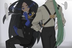 Rule 34 | ..., 2girls, absurdres, black hair, black jacket, black pants, blue eyes, blue gloves, buttons, commentary request, creatures (company), flittle, game freak, geeta (pokemon), glimmet, gloves, green hair, highres, holding, jacket, long hair, long sleeves, looking to the side, multiple girls, musical note, ningenmi aru, nintendo, pants, pokemon, pokemon (creature), pokemon sv, rika (pokemon), shirt, sitting, sleeves rolled up, speech bubble, spoken ellipsis, stool, sweatdrop