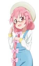Rule 34 | 10s, 1girl, :d, beret, blush, bow, brown-framed eyewear, comic girls, commentary request, fang, glasses, hair between eyes, hair bow, hair ornament, hairclip, hat, long hair, long sleeves, looking at viewer, low ponytail, moeta kaoruko, open mouth, overalls, pink bow, pink hair, ponytail, red eyes, semi-rimless eyewear, shirt, simple background, sincos, smile, solo, under-rim eyewear, very long hair, white background, white hat, white shirt, x hair ornament