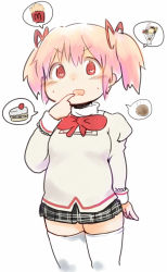 Rule 34 | 1girl, belly, blush, bow, breasts, cake, cherry, collar, cream, damenano104, dot nose, drooling, finger to mouth, food, french fries, fruit, hair ornament, hair ribbon, ice cream, juliet sleeves, kaname madoka, long sleeves, mahou shoujo madoka magica, matching hair/eyes, medium breasts, neck ribbon, open mouth, parfait, pink hair, pleated skirt, plump, puffy sleeves, red bow, red headwear, red ribbon, ribbon, school uniform, shirt, short hair, short twintails, sidelocks, simple background, skindentation, skirt, solo, strawberry, strawberry shortcake, sweat, sweets, tareme, thighhighs, tight clothes, tight shirt, twintails, weight gain, white background, white thighhighs, zettai ryouiki