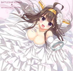 Rule 34 | 10s, 1girl, ahoge, alternate costume, ameto yuki, artist name, bad id, bad pixiv id, bare shoulders, blush, breasts, brown hair, character name, cleavage, dress, elbow gloves, feathers, flower, from above, gloves, hair flower, hair ornament, hairband, headgear, heart, jewelry, kantai collection, kongou (kancolle), long hair, looking up, necklace, open mouth, outstretched arm, purple eyes, ring, solo, veil, wedding dress, white dress, white gloves