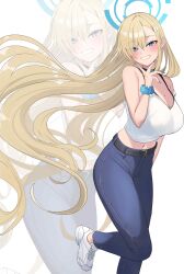 Rule 34 | 1girl, absurdres, asuna (blue archive), belt, blonde hair, blue archive, blue eyes, blue halo, blue nails, blush, breasts, choker, cleavage, denim, earrings, hair over one eye, halo, highres, inapple, jeans, jewelry, large breasts, long hair, looking at viewer, mole, mole on breast, pants, scrunchie, shoes, simple background, smile, solo, white background, white footwear, wrist scrunchie