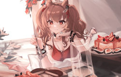 Rule 34 | 1girl, absurdres, angelina (arknights), angelina (summer flower) (arknights), animal ears, arknights, bare arms, bare shoulders, brown hair, cake, commentary request, food, fox ears, hair ribbon, hands up, highres, holding, jewelry, long hair, looking at viewer, lucy (rusi-juren328), lying, necklace, on stomach, partial commentary, red eyes, red ribbon, ribbon, smile, solo, twintails